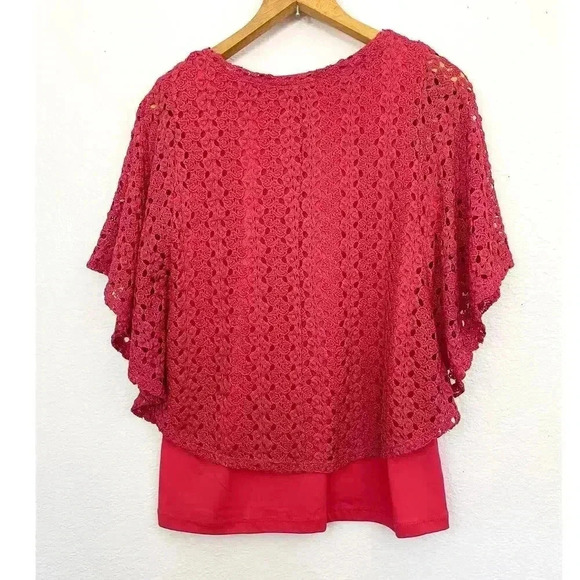 Coral Pink Crochet Top Batwing Sleeves MEDIUM Lined Peck & Peck Women's - Picture 2 of 9